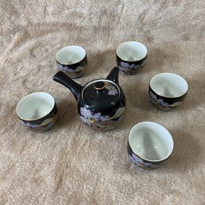 Vintage Japanese 6 Piece Hand Painted Tea Set Black Pheasant Cherry Blossom